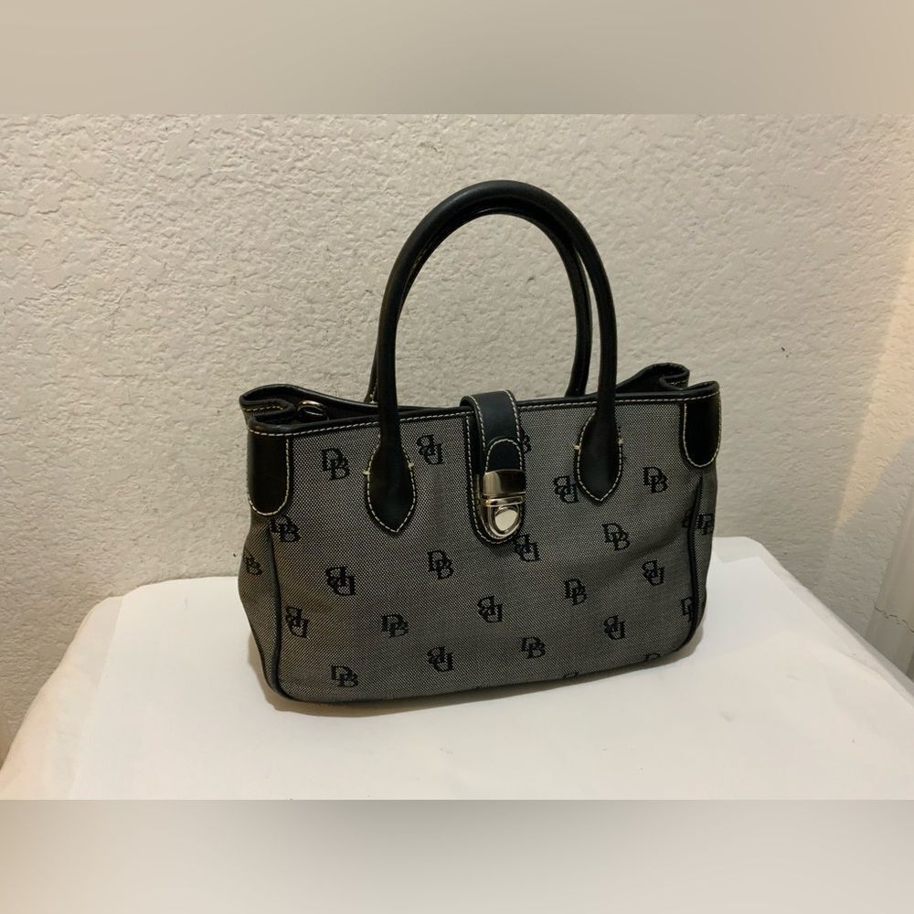 Dooney & Bourke Satchel Black w White Stitches Logo Canvas & Leather Handbag Bag